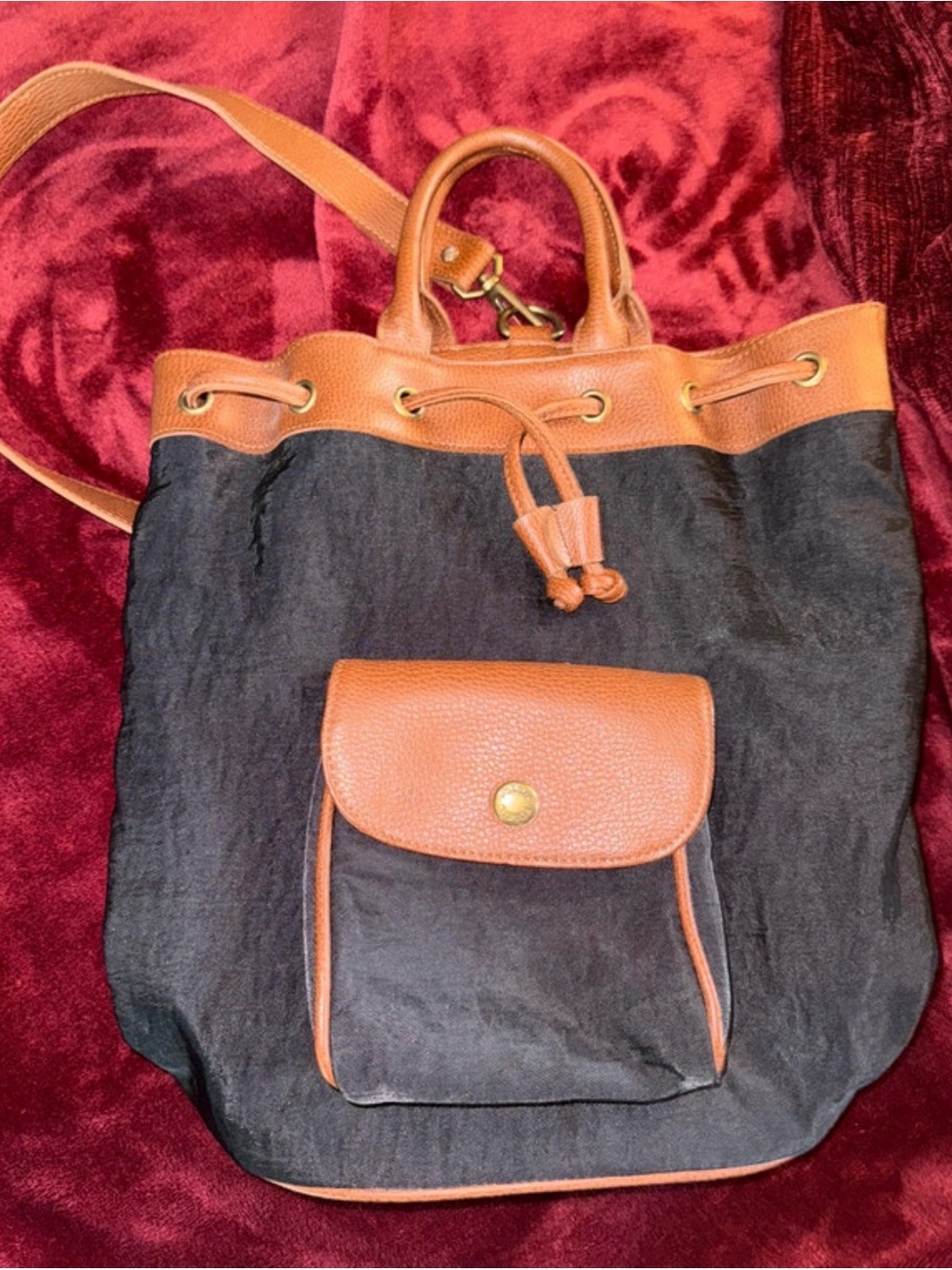 Fossil Black Canvas Tote with Brown Leather Trim